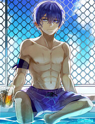  1boy armband bad_id bad_pixiv_id blue_sky boku_no_hero_academia chain-link_fence collarbone cup day dripping expressionless fence hair_between_eyes hair_down holding holding_cup long_bangs male_focus male_swimwear pool pov purple_eyes purple_hair purple_shorts shinsou_hitoshi short_hair shorts sitting sky solo swim_trunks tonbanlove topless_male twitter_username water_drop wet wet_hair 