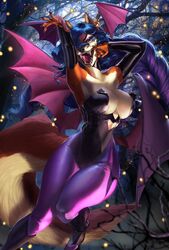  anthro armwear bared_teeth breasts brown_eyes canid canine carmelita_fox claws clothed clothing detailed detailed_background eyeshadow female fluffy fluffy_tail fox hair halloween hi_res holidays leggings legwear makeup mammal momobeda pinup pose purple_hair sly_cooper_(series) solo sony_corporation sony_interactive_entertainment spread_wings sucker_punch_productions tail tights wings 