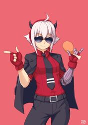  ahoge belt belt_buckle black_belt black_jacket black_necktie black_pants breasts buckle chicken_(food) chicken_leg closed_mouth collared_shirt commission cosplay dana_zane english_commentary female finalcake finger_gun fingerless_gloves food gloves hair_between_eyes helltaker highres holding holding_food jacket justice_(helltaker) justice_(helltaker)_(cosplay) light_smile necktie pants red_background red_gloves red_shirt shaka_sign shirt sidelocks simple_background small_breasts solo sunglasses va-11_hall-a white_hair 