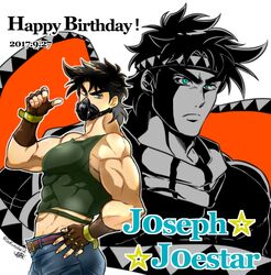  2boys abs bare_shoulders battle_tendency biceps blue_eyes brown_hair character_name crop_top dated denim dual_persona facial_mark fingerless_gloves gloves happy_birthday headband jeans jojo_no_kimyou_na_bouken joseph_joestar joseph_joestar_(young) kozakura_(i_s_15) male_focus mask midriff multiple_boys muscular muscular_male pants pointing pointing_at_self projected_inset scarf serious striped_clothes striped_scarf triangle_print 