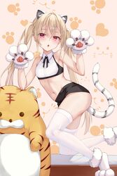  :o animal_ear_fluff animal_ears animal_hands black_bow black_bowtie black_shorts blonde_hair blush bow bowtie chucolala claw_pose crop_top extra_ears female foot_out_of_frame gloves hair_between_eyes hair_over_shoulder heart heart_background highres jawr8473 kneeling long_hair looking_at_viewer navel no_shoes oerba_yun_fang paw_gloves paw_print paw_print_background paw_shoes red_eyes short_shorts shorts simple_background skin_fang solo suzumiya_rin tail tail_raised thighhighs tiger_ears tiger_tail twintails very_long_hair virtual_youtuber white_footwear white_gloves white_thighhighs 