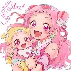  2girls :d baby bib blonde_hair cone_hair_bun cure_yell dated double_bun earrings flower hair_bun hair_flower hair_ornament hair_ribbon happy_birthday heart heart_hair_ornament holding_baby hug-tan_(precure) hugtto!_precure jewelry long_hair magical_girl morino_araitamamia multiple_girls nono_hana open_mouth pink_eyes pink_hair precure red_ribbon ribbon short_hair simple_background smile upper_body white_background 