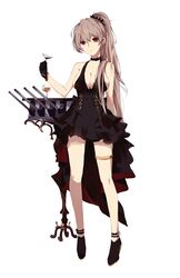  2022 alcohol alternate_breast_size azur_lane backless_dress backless_outfit black_choker black_footwear black_gloves breasts brown_dress brown_hair cannon choker cleavage closed_mouth cocktail_dress cocktail_glass commentary_request cup dated dianqiwei_wubaqi dress drinking_glass evening_gown female full_body gloves halter_dress halterneck high-low_skirt high-waist_sideboob high_heels high_ponytail highres holding holding_cup jean_bart_(azur_lane) jean_bart_(uninhibited_bloodstone)_(azur_lane) large_breasts long_hair looking_at_viewer official_alternate_costume ponytail red_eyes shoes sideboob sidelocks simple_background sleeveless sleeveless_dress solo standing thighlet turret very_long_hair white_background 