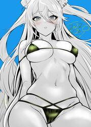  alternate_costume alto_seneka animal_ears arms_behind_back bikini blue_background blush breasts cleavage commentary covered_nipples cowboy_shot dated ear_piercing eyelashes female from_below green_bikini grey_eyes greyscale_with_colored_background hair_between_eyes highres hololive large_breasts limited_palette lion_ears long_hair looking_at_viewer micro_bikini multi-strapped_bikini navel parted_lips partially_colored piercing shishiro_botan simple_background skindentation solo standing stomach string_bikini swimsuit two_side_up virtual_youtuber 