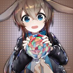  absurdres amiya_(arknights) animal_ears arknights artist_name ascot black_jacket blue_ascot blue_collar blue_eyes brown_hair candy chinese_commentary collar commentary_request female food hair_between_eyes happy highres holding holding_candy holding_food holding_lollipop jacket lollipop long_hair looking_at_viewer open_clothes open_jacket open_mouth pov pov_hands rabbit_ears rockyroo shirt solo_focus upper_body white_shirt 