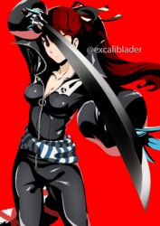  arm_up artist_name black_bodysuit black_ribbon blue_gloves bodysuit breasts cleavage collarbone commentary cosplay dark_red_hair excaliblader female floating_hair gloves hair_ribbon highres holding holding_sword holding_weapon katana kitagawa_yuusuke kitagawa_yuusuke_(cosplay) long_hair looking_at_viewer medium_breasts partially_unzipped persona persona_5 persona_5_the_royal ponytail red_background red_eyes red_hair ribbon simple_background sleeveless solo standing sword twitter_username very_long_hair weapon yoshizawa_kasumi 