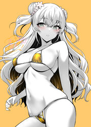  alternate_costume alto_seneka arm_behind_back bikini blush breasts cleavage commentary contrapposto cowboy_shot dated double_bun eyelashes female flower green_eyes greyscale_with_colored_background hair_between_eyes hair_bun hair_flower hair_ornament highres hololive large_breasts long_hair looking_at_viewer micro_bikini momosuzu_nene nail_polish navel o-ring o-ring_bikini orange_background orange_bikini orange_nails orange_theme parted_lips partially_colored signature simple_background skindentation solo standing stomach string_bikini swimsuit two_side_up virtual_youtuber 