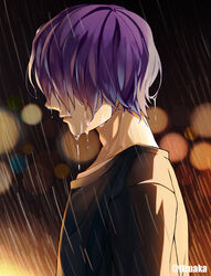  1boy bad_id bad_pixiv_id black_shirt blurry bokeh boku_no_hero_academia depth_of_field dripping from_side hair_down hair_over_eyes head_down highres lights long_bangs male_focus night parted_lips purple_hair rain shinsou_hitoshi shirt shirt_under_shirt short_hair solo tonbanlove twitter_username upper_body wet wet_clothes wet_hair white_shirt 