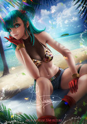  1girls absurd_res aqua_eyes aqua_hair axsens beach bikini bikini_top blue_eyes blue_hair boots booty_shorts bulma bulma_briefs camouflage_bikini cleavage clothed clothing denim_shorts dragon_ball dragon_ball_(classic) gloves legs light-skinned_female light_skin lipstick medium_breasts pose realistic sheer short_shorts shorts shounen_jump side_ponytail smile tagme teal_hair teenage_bulma teenage_girl teenager white_woman 