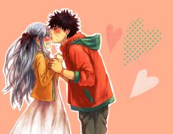  1boy bad_id bad_pixiv_id black_hair blush closed_eyes dress female green_eyes grey_hair hair_ribbon index_(toaru_majutsu_no_index) jacket kamijou_touma kissing kissing_nose mizna ribbon spiked_hair sweat toaru_majutsu_no_index 