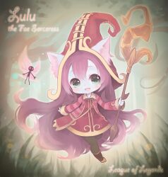  character_name commentary copyright_name dress fairy female grass hat highres konatsu_miyu league_of_legends long_hair lulu_(league_of_legends) pantyhose pix_(league_of_legends) purple_hair staff wings yordle 