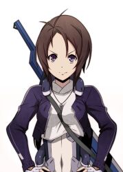  antenna_hair brown_hair commentary_request female hands_on_own_hips jewelry kyoukaisenjou_no_horizon necklace oriotorai_makiko purple_eyes simple_background smile solo sword weapon white_background yokke 