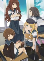  4girls a_certain_high_school_uniform aged_down alternate_uniform bad_id bad_pixiv_id beret blonde_hair blue_eyes blue_sky breasts brown_eyes brown_hair brown_legwear chair cloud cloudy_sky day desk frenda_seivelun hat highres indoors item_(toaru) itoichi. kinuhata_saiai long_hair medium_breasts medium_hair mugino_shizuri multiple_girls pantyhose school school_uniform sitting skirt sky summer_uniform takitsubo_rikou toaru_kagaku_no_railgun toaru_majutsu_no_index window 