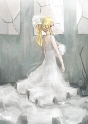  absurdres blonde_hair commentary dress female highres monogatari_(series) nisemonogatari oshin0_(zheng) oshino_shinobu solo wedding_dress yellow_eyes 