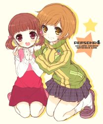  2girls :o bad_id bad_pixiv_id blush brown_eyes brown_hair doujima_nanako grin hands_on_shoulders jacket kneeling lolicon moriyama_shijimi multiple_girls open_mouth own_hands_clasped own_hands_together persona persona_4 photoshop_(medium) satonaka_chie short_hair skirt smile track_jacket twintails 