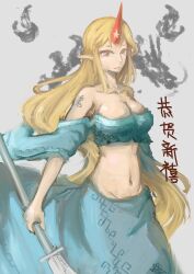  absurdres bad_id bad_pixiv_id bare_shoulders blonde_hair breasts female highres horns hoshiguma_yuugi large_breasts midriff oshin0_(zheng) pointy_ears red_eyes single_horn solo tattoo touhou weapon 