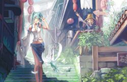  2girls adapted_costume alley alternate_hairstyle animal architecture bird blonde_hair blue_eyes chinese_commentary commentary_request detached_sleeves dove east_asian_architecture feathers green_eyes green_hair hat house kochiya_sanae lantern long_legs madyy midriff moriya_suwako multiple_girls navel outdoors outstretched_arm paper_lantern photoshop_(medium) revealing_clothes road scenery side_ponytail single_sleeve stairs stone_stairs street tied_skirt touhou v waving 