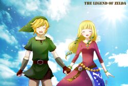  1boy bad_id bad_pixiv_id belt blonde_hair bracelet cloud day female gloves hat holding_hands jewelry link long_hair machinosuke pointy_ears princess_zelda sky smile the_legend_of_zelda the_legend_of_zelda:_skyward_sword 