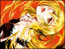  arched_back bakemonogatari blonde_hair blood commentary_request dress elbow_gloves fangs female fingernails fur_trim gloves kiss-shot_acerola-orion_heart-under-blade monogatari_(series) open_mouth oshino_shinobu red_eyes sachikan solo strapless strapless_dress 