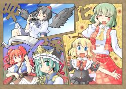  5girls :d :| arnest ascot black_hair black_wings blonde_hair blue_eyes bow bowtie camera closed_eyes closed_mouth commentary_request dress_shirt flower green_eyes green_hair grin hair_bobbles hair_ornament hair_ribbon hat kazami_yuuka medicine_melancholy multiple_girls one_eye_closed onozuka_komachi open_mouth outstretched_arms phantasmagoria_of_flower_view plaid red_eyes red_flower red_hair ribbon rod_of_remorse scythe shameimaru_aya shiki_eiki shirt short_hair skirt smile spider_lily sunflower tokin_hat touhou two_side_up v-shaped_eyebrows wings yellow_flower 