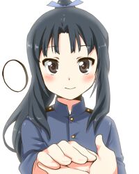  black_eyes black_hair blush commentary_request female hattori_shizuka holding_hands long_hair looking_at_viewer military military_uniform mitsuki_meia out_of_frame ponytail pov pov_hands simple_background smile solo_focus strike_witches uniform white_background world_witches_series 