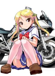  bakuon!! bell blonde_hair bow commentary_request female hair_bell hair_ornament hands_on_own_knees loafers long_hair looking_at_viewer motor_vehicle motorcycle orimoto_mimana pink_thighhighs pleated_skirt red_eyes school_uniform shoes sitting skirt smile solo suzuki_(company) suzuki_katana suzunoki_rin thighhighs twintails 