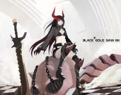  bikini bikini_top_only black_gold_saw black_hair black_rock_shooter black_shorts boots chains character_name commentary_request elrowa female flaming_eye highres horns king_saw long_hair looking_at_viewer midriff navel pale_skin red_eyes shorts sitting skull solo swimsuit thighhighs 