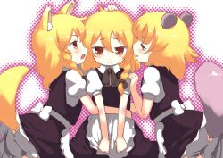  3girls animal_ears blonde_hair blush bow braid commentary_request fox_ears gigokku hairbow hand_on_head kemonomimi_mode kirisame_marisa long_hair multiple_girls multiple_persona no_headwear open_mouth smile tail touhou yellow_eyes 