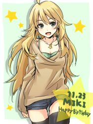  ahoge bikini black_thighhighs blonde_hair blush breasts cleavage commentary_request courreges_ace dated female green_eyes grey_shorts happy_birthday hoshii_miki idolmaster idolmaster_(classic) jewelry long_hair long_sleeves looking_at_viewer medium_breasts necklace open_mouth photoshop_(medium) shorts solo star_(symbol) sweater swimsuit thighhighs 