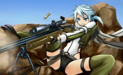  ai_arctic_warfare aiming aqua_eyes aqua_hair bipod bolt_action casing_ejection clenched_teeth commentary_request female fingerless_gloves firing gloves green_thighhighs gun hair_ornament holding holding_gun holding_weapon legs looking_through_scope motion_blur rasielcochma rifle scarf scope shell_casing short_hair sinon sniper_rifle solo spread_legs sword_art_online teeth thigh_strap thighhighs thighs weapon 