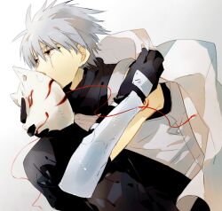  1boy bad_id bad_pixiv_id cape gloves grey_hair hatake_kakashi looking_away male_focus mask naruto naruto_(series) photoshop_(medium) red_eyes sakamoto_bin scar solo white_background 