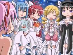  5girls :3 =_= ^_^ akemi_homura black_hair blonde_hair blue_hair book bra breasts cleavage closed_eyes commentary_request cosplay drill_hair hair_ribbon hohetomaru kaname_madoka lingerie long_hair mahou_shoujo_madoka_magica mahou_shoujo_madoka_magica_(anime) mcdonald&#039;s medium_breasts miki_sayaka multiple_girls obake_no_q-tarou one_eye_closed open_mouth pantyhose pink_bra pink_hair purple_eyes red_eyes red_hair ribbon sakura_kyoko small_breasts smile thighhighs tomoe_mami topless twin_drills twintails ultimate_madoka ultimate_madoka_(cosplay) underwear 