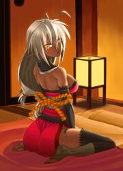  antenna_hair back bare_shoulders black_thighhighs blush breasts commentary_request dark-skinned_female dark_elf dark_skin elbow_gloves elf feet female gloves highres koyama_keisuke long_hair looking_back medium_breasts open_mouth orange_eyes panties pointy_ears sansei_muramasa side-tie_panties sitting solo soukou_akki_muramasa thighhighs toeless_legwear toes underwear wariza white_hair 