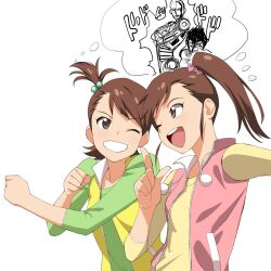  2girls :d a1_(initial-g) brown_eyes brown_hair character_request clenched_hands futami_ami futami_mami grin hair_bobbles hair_ornament idolmaster idolmaster_(classic) multiple_girls one_eye_closed one_side_up open_mouth photoshop_(medium) short_hair siblings side_ponytail simple_background sisters smile thought_bubble twins 