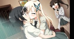  3girls anime, blood blush boku, boku_wa_tomodachi_ga_sukunai closed_eyes closed_eyes glasses incipient_kiss kashiwazaki_sena labcoat long_hair mikazuki_yozora multiple_girls nosebleed ponytail purple_eyes school_uniform sena, series shiguma_rika short_hair skirt watching yozora, yuri 