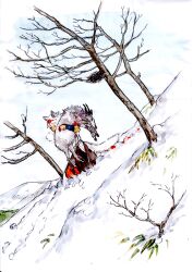  animal_ears bad_id bad_pixiv_id bare_tree blood female goat highres horns inubashiri_momiji kobuushi landscape painting_(medium) photoshop_(medium) snow solo tail touhou traditional_media tree watercolor_(medium) wolf_ears 