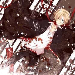  1boy blonde_hair blood blood_on_clothes commentary_request covering_one_eye horns japanese_clothes kimono male_focus moco natsume_takashi natsume_yuujinchou neck_ribbon oil-paper_umbrella open_clothes open_kimono ribbon smile solo translated umbrella yellow_eyes 