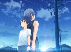  1boy amamiya_minato ano_natsu_de_matteru back-to-back blue_eyes blue_hair blue_theme blush cloud commentary_request female hill ishigaki_tetsurou light_smile looking_up outdoors photoshop_(medium) power_lines short_hair sky sun tanigawa_kanna tears tree utility_pole wristband 