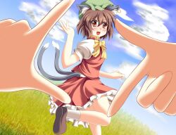  animal_ears bad_id bad_pixiv_id bow bowtie brown_eyes brown_hair cat_ears cat_tail chen earrings female finger_frame hat jewelry kmkm9696 multiple_tails oerba_yun_fang out_of_frame pov pov_hands shoes short_hair single_earring skirt skirt_set solo_focus tail touhou 