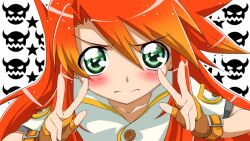  1boy commentary_request derivative_work double_v frown gloves green_eyes kawamura_toshie_(style) let&#039;s_go!_smile_precure!_(song) long_hair luke_fon_fabre male_focus mayuko_(nijiro_sekai) parody photoshop_(medium) precure red_hair screenshot_redraw smile_precure solo tales_of_(series) tales_of_the_abyss v 