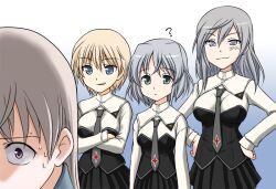  4girls ? aurora_e._juutilainen blonde_hair blue_eyes brave_witches breasts commentary_request cosplay crossed_arms eila_ilmatar_juutilainen green_eyes grey_eyes grey_hair hands_on_own_hips large_breasts medium_breasts mirutsu_(milts) multiple_girls necktie nikka_edvardine_katajainen purple_eyes sanya_v._litvyak sanya_v._litvyak_(cosplay) siblings sisters smile strike_witches strike_witches:_aurora_no_majo sweat world_witches_series 