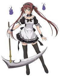  airi_(queen&#039;s_blade) airi_(the_infernal_temptress) black_ribbon breasts brown_hair cleavage female ghost green_eyes holding holding_weapon long_hair looking_at_viewer maid maid_headdress medium_breasts queen&#039;s_blade ribbon scythe simple_background solo thighhighs twintails weapon white_background 