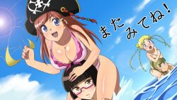  4girls assisted_exposure bikini bikini_top_only black_hair blonde_hair blue_eyes blush breast_hold breasts brown_eyes brown_hair chiaki_kurihara cleavage clothes_theft cloud commentary_request covering_breasts covering_privates day embarrassed glasses gruier_serenity hat jenny_dolittle katou_marika kuri_youkan large_breasts lens_flare long_hair miniskirt_pirates multiple_girls open_mouth outdoors pink_hair pirate_hat sky smile sun swimsuit swimsuit_theft theft topless unworn_bikini_top water 