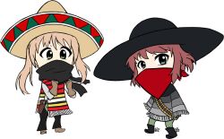  2girls amputee armless_amputee blue_eyes boots brown_hair chet_rippo chibi cowboy_western double_amputee fringe_trim full_body gloves green_eyes gun hat holster ibarazaki_emi katawa_shoujo multiple_girls poncho red_hair scarf short_hair sombrero spurs tezuka_rin transparent_background twintails weapon 