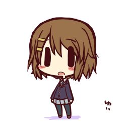  blush_stickers brown_hair chibi commentary_request female hirasawa_yui ikkyuu k-on! open_mouth pantyhose round_teeth sakuragaoka_high_school_uniform school_uniform simple_background skirt solo standing teeth translated white_background 