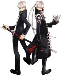  2boys claws coat commentary cosplay glasses katana male_focus mask multiple_boys narukami_yuu persona persona_4 persona_4:_the_ultimate_in_mayonaka_arena photoshop_(medium) saeuchobab school_uniform sword weapon white_hair 