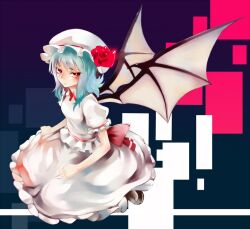  bat_wings blue_hair commentary_request female hat kosuke_(gonzo_2010) partial_commentary red_eyes remilia_scarlet short_hair sitting skirt skirt_set solo touhou wariza wings 