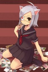  animal_ears bad_id bad_pixiv_id cat_ears character_request eyepatch female grey_hair nekomo paper_man photo_(object) school_uniform sitting skirt smile solo striped striped_background wariza 