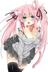  animal_ears bare_shoulders black_thighhighs blue_eyes blush book breasts cat_ears cat_tail cleavage commentary_request female frilled_skirt frills hair_ribbon hand_on_own_chest highres kakao_(chocolate_land) large_breasts long_hair oerba_yun_fang open_mouth original pink_hair ribbed_sweater ribbon saliva simple_background skirt solo strap strap_slip sweater tail thighhighs twintails white_background 