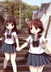  2girls :d bad_id bad_pixiv_id bag black_hair blue_eyes bow brown_hair d: hair_ornament hairclip holding_hands long_hair multiple_girls nekomo open_mouth original red_eyes school_bag school_uniform skirt smile stairs tree 